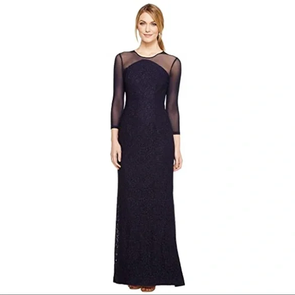 NWT Adrianna Papell Navy Blue Lace Modified Long Mermaid Formal Illusion Gown - Picture 2 of 4